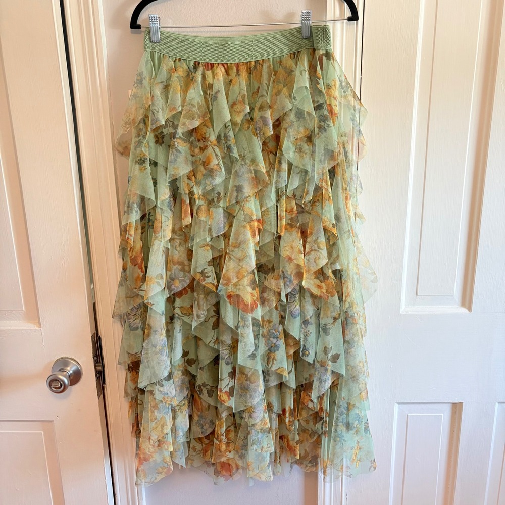 Anthropologie Womens Small Maxi Skirt Green Floral Tulle Layered Ruffle Boho